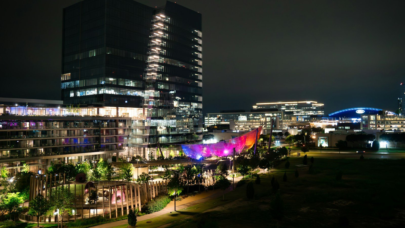 City skyline illuminated at night